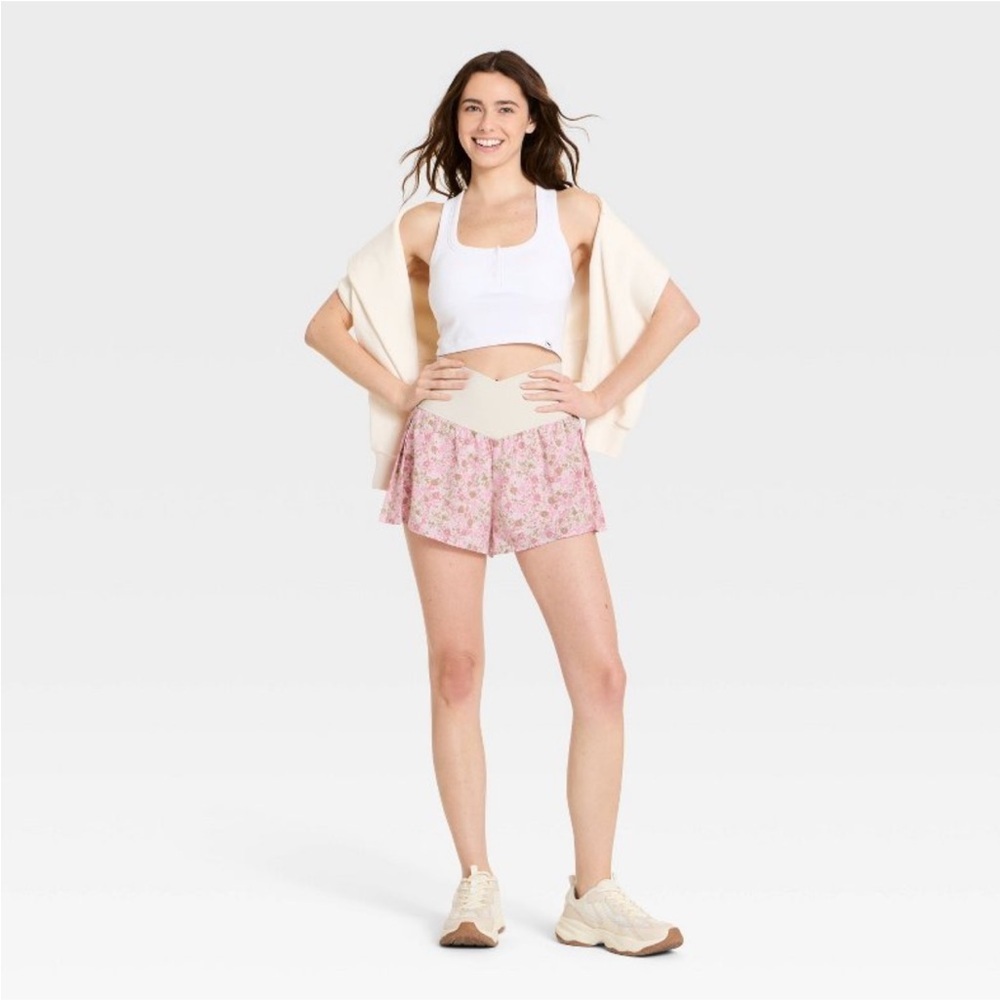 Women's Crossover Waistband Pleated
Side Woven Shorts - JoyLab™ Pink Floral 🆕